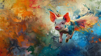 Little flying piglet in vibrant colors   AI generated illustration