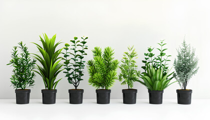 Green tropical home plants in pots on white background