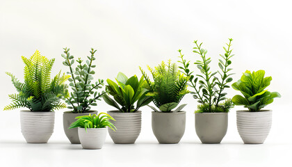 Green tropical home plants in pots on white background