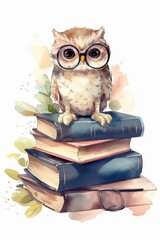 Whimsical Watercolor Painting of Bespectacled Baby Owl on Books Generative AI