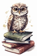 Scholarly Owl with Spectacles on Books - Watercolor Illustration Generative AI