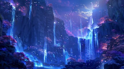 Surreal floating mountains with glowing waterfalls and bioluminescent plants   AI generated illustration