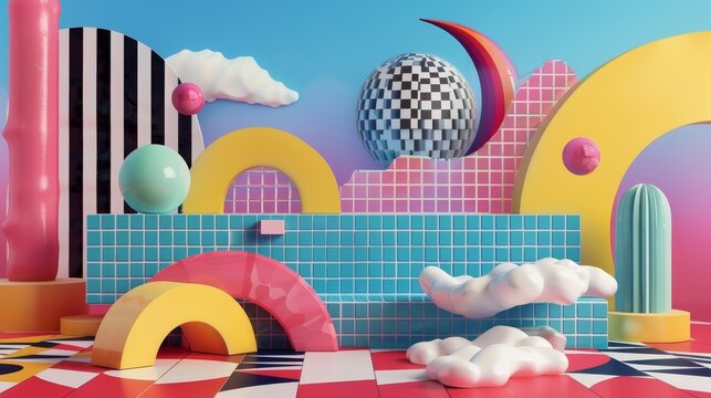 Surreal Memphis style design with floating objects   AI generated illustration