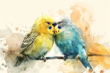 Affectionate Moment: Two Lovable Baby Budgies in a Tender Kiss Generative AI