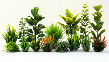 Green tropical home plants in pots on white background - obrazy, fototapety, plakaty