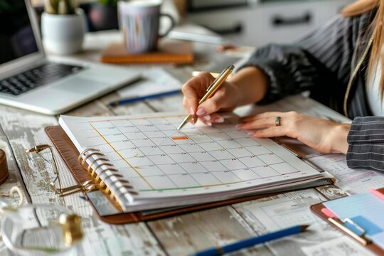 Busy Woman Organizing Schedule and Events in Calendar