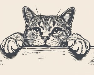 Minimalist Linocut Design of a Curious British Longhair Cat Generative AI