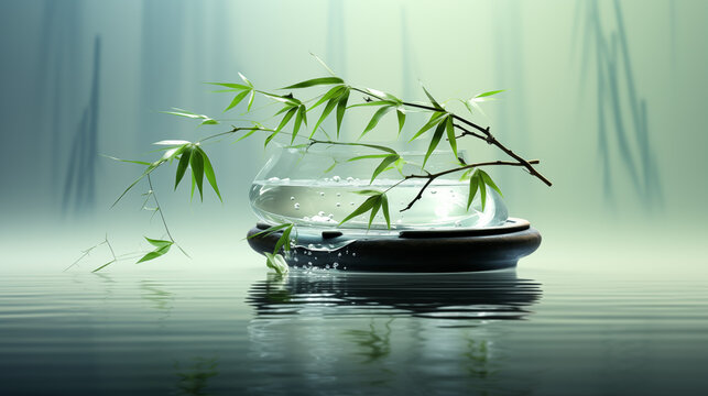 Branche de bambou sur un support, sur de l'eau. Fond flou. Nature, relaxation, bien-être, spa. Pour conception et création graphique.
