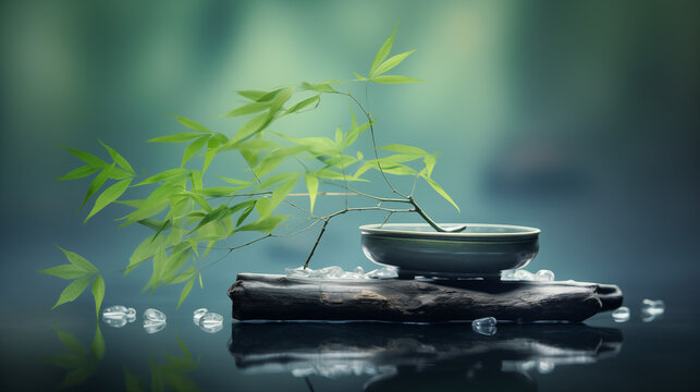 Branche de bambou sur un support, sur de l'eau. Fond flou. Nature, relaxation, bien-être, spa. Pour conception et création graphique.
