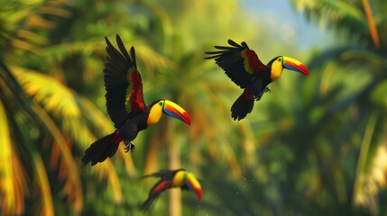Obraz premium Vibrant toucans in midair AI generated illustration