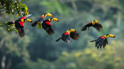 Fototapeta premium Vibrant toucans in midair AI generated illustration