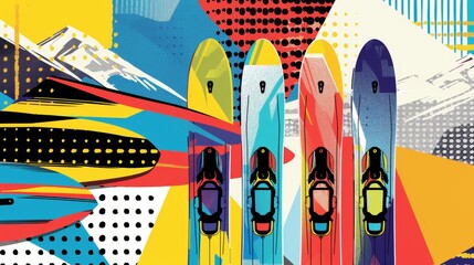 Water skiing skis and vests in an abstract Memphis-style scene   AI generated illustration