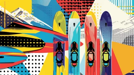 Foto op Canvas Water skiing skis and vests in an abstract Memphis-style scene   AI generated illustration © ArtStage
