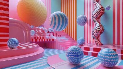 Whimsical 3d interpretation of levitating objects in a psychedelic color scheme  AI generated illustration - obrazy, fototapety, plakaty
