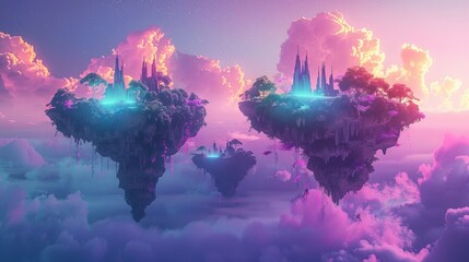 Whimsical floating islands in a neon-colored sky  AI generated illustration - obrazy, fototapety, plakaty