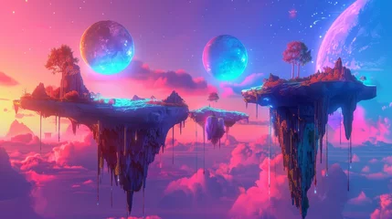 Keuken foto achterwand Whimsical floating islands in a neon-colored sky   AI generated illustration © ArtStage