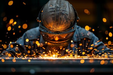 Worker welding metal with sparks flying