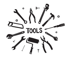 A haushold Tools set in doodle style. Hand drawn illustration of different type of equipment for repair like a Hammer, Screwdriver, Axe, saw and Drill.