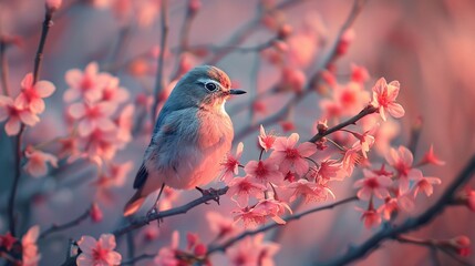 closeup of a bird amidst cherry blossoms bathed in twilight hues with vibrant plumage glowing under the serene evening light
