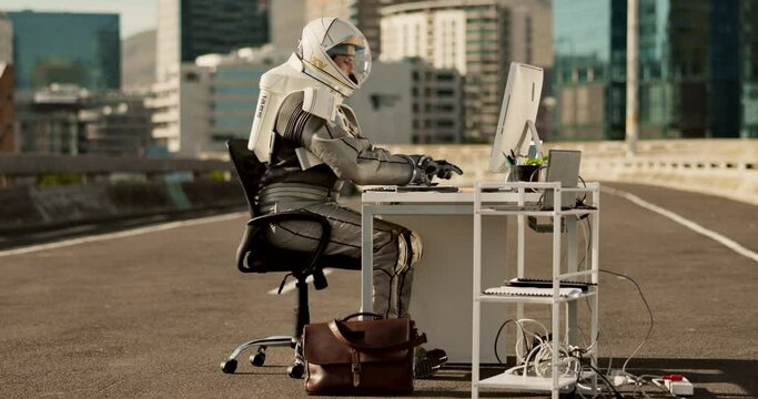 Planet, computer and astronaut at desk in street for research, information and signal at work station. Futuristic fantasy, science fiction and spaceman on technology for discovery on abandoned world