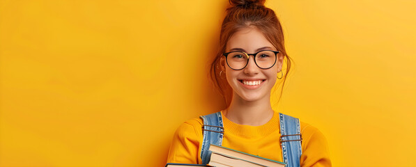 Smiling happy girl holding a stack of books against a vibrant background, education and world book day concept. Horizontal banner. - obrazy, fototapety, plakaty