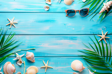 A beach-themed display with scattered seashells, starfish, and a pair of sunglasses, rests on a turquoise blue wooden surface flanked by tropical palm leaves, invoking a summer holiday atmosphere.