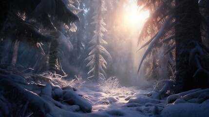 beautiful winter landscape, snow covered glade in a forest with morning light, beautiful nature