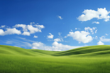 Fototapeta premium A beautiful, perfect landscape with green grass on hills and green fields. The sky is filled with white clouds and bright sunlight. There are also shadows that create a sense of depth and realism.