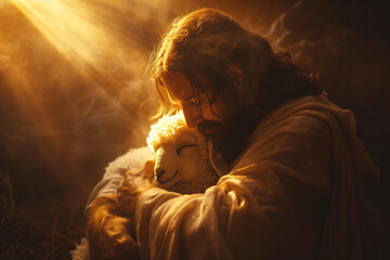 iconic photo of Shepherd Jesus Christ cradling a lost lamb in his arms, illuminated by soft light, evoking a sense of security and comfort in his protective care,