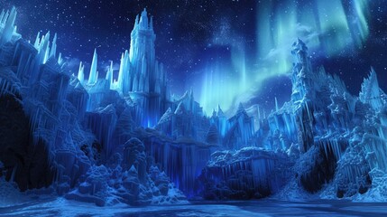 A magical winter wonderland at night, with ice castles, aurora borealis in the sky, and mystical...