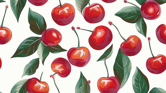 seamless cherries on white background pattern illustration, pop, hand painted style