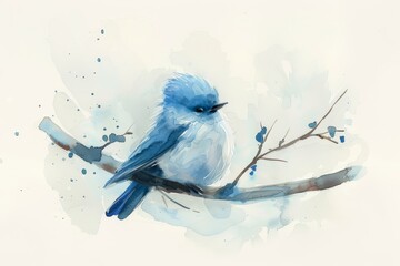 Cheerful Blue Titmouse on a Branch - Minimalist Watercolor Children's Illustration Generative AI
