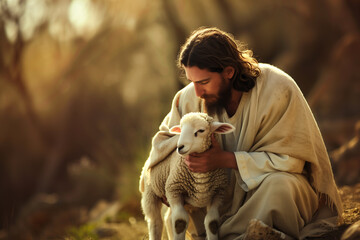 poignant photo of Shepherd Jesus Christ tenderly tending to a wounded lamb, soft light, symbolizing his healing touch and compassionate mercy,