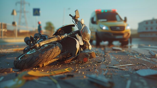 A devastating traffic collision scene showing a damaged motorcycle after a severe accident with a car, highlighting the crash site with debris scattered on the road.