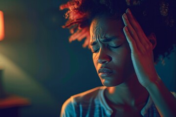 Woman holding her head due to a migraine, dimly lit environment, expression of pain 02 - obrazy, fototapety, plakaty