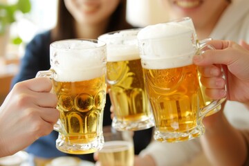 people toasting beer glasses, in the stock photo style, front view Generative AI - obrazy, fototapety, plakaty