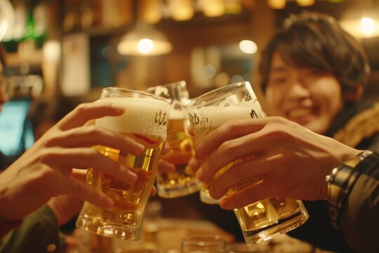 A group of friends toasting with beer glasses at the bar people are clinking their pints together in celebration in a closeup shot Generative AI