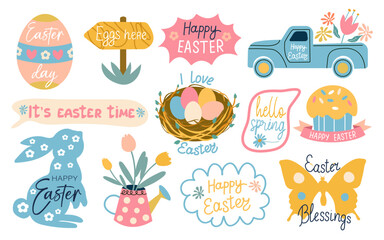 Set of Happy Easter lettering. Spring easter cute animal characters and garden elements. Collection of lettering with Easter bunny  and egg. Festive easter logo. 