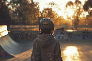 Skateboarder facing sunset before a halfpipe