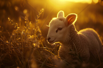 photo depicting a lamb peacefully grazing in a pastoral setting, illuminated by soft light, serving...