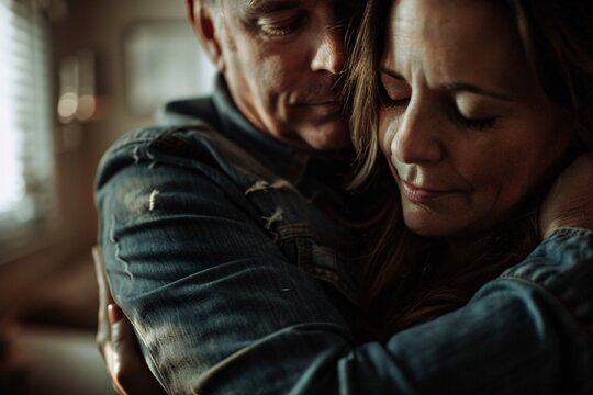 Up-close perspective of a couple embracing one last time during divorce proceedings, softly lit to capture their bittersweet farewell 01