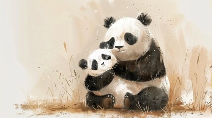 Heartwarming Watercolor Illustration of a Mother Panda Cuddling Her Baby Generative AI