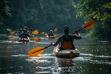 energetic photo of friends participating in water activities like kayaking or canoeing, showcasing the diverse recreational opportunities available during a weekend camping getaway