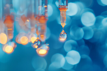 blurred ampoules with medicine against a serene blue backdrop, symbolizing the therapeutic potential and reliability of modern pharmaceuticals, - obrazy, fototapety, plakaty