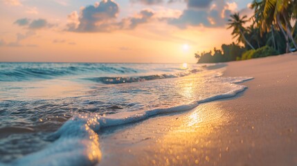 Soft focus on an uninhabited beach under the tropics at sunset 01