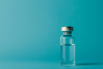 close-up of a vial dose of liquid for a flu shot set against a blue background, conveying the critical role in preventing the spread of infectious diseases,