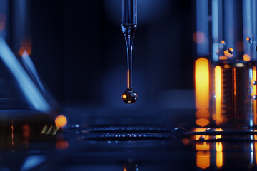 precision of laboratory techniques as a single drop of liquid is released from a pipette during a biomedical test, demonstrating the meticulous attention to detail required in scie
