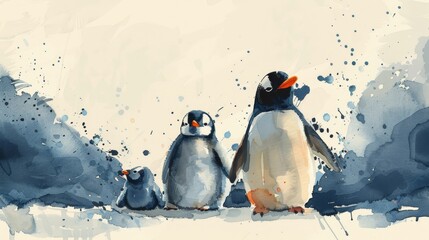 Heartwarming Minimalist Watercolor Penguin Family Illustration Generative AI
