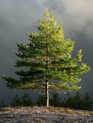 Fir tree bathed in natural light with a cloudy sky.