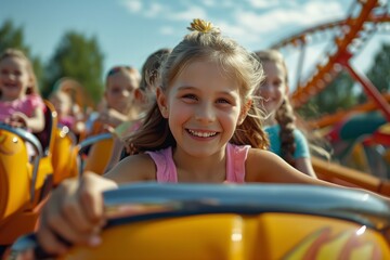 Fototapeta na wymiar Girl having fun on a roller coaster in a sunny day